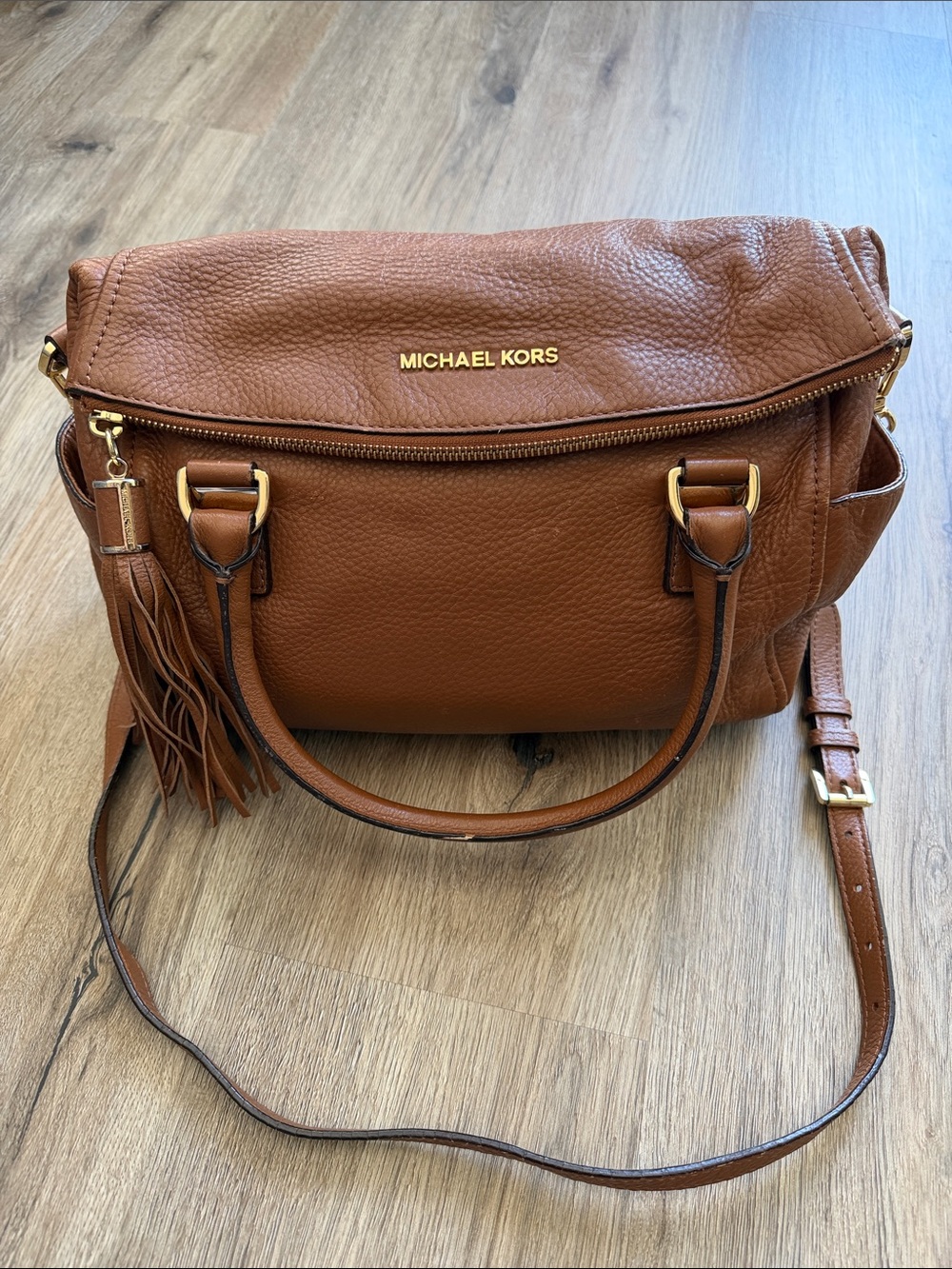 Michael Kors Brown Pebbled Leather Satchel with Tassel